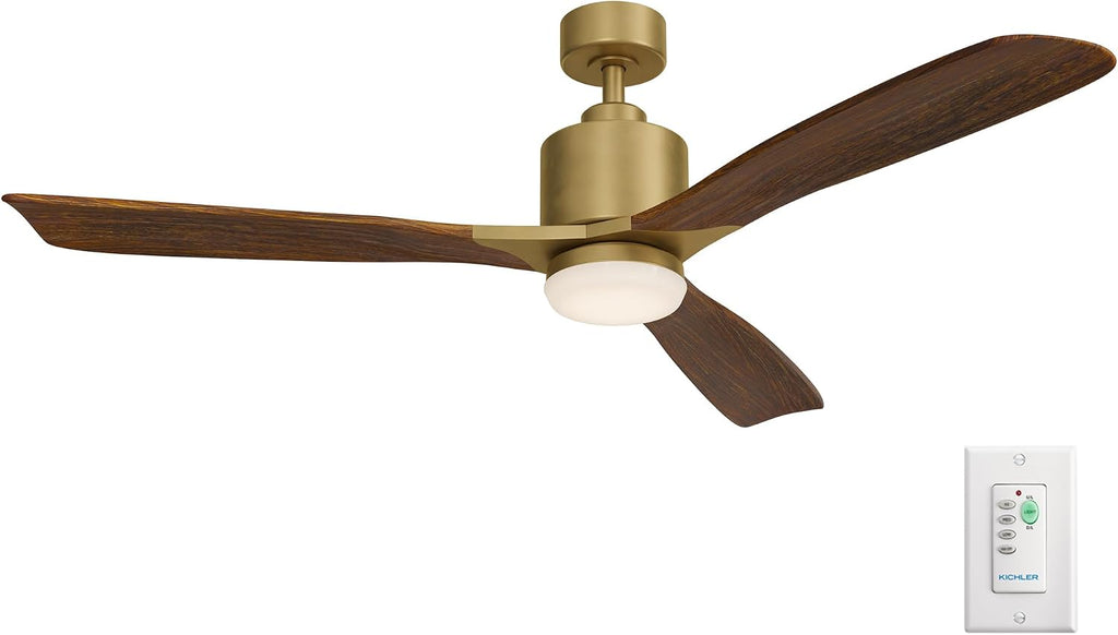 Kichler Ridley II 52' Ceiling Fan and Light Kit in Natural Brass, 3-Blade LED Ceiling Fan in Cherry Finish, 3000K, (52' W x 14.5' H), 300027NBR