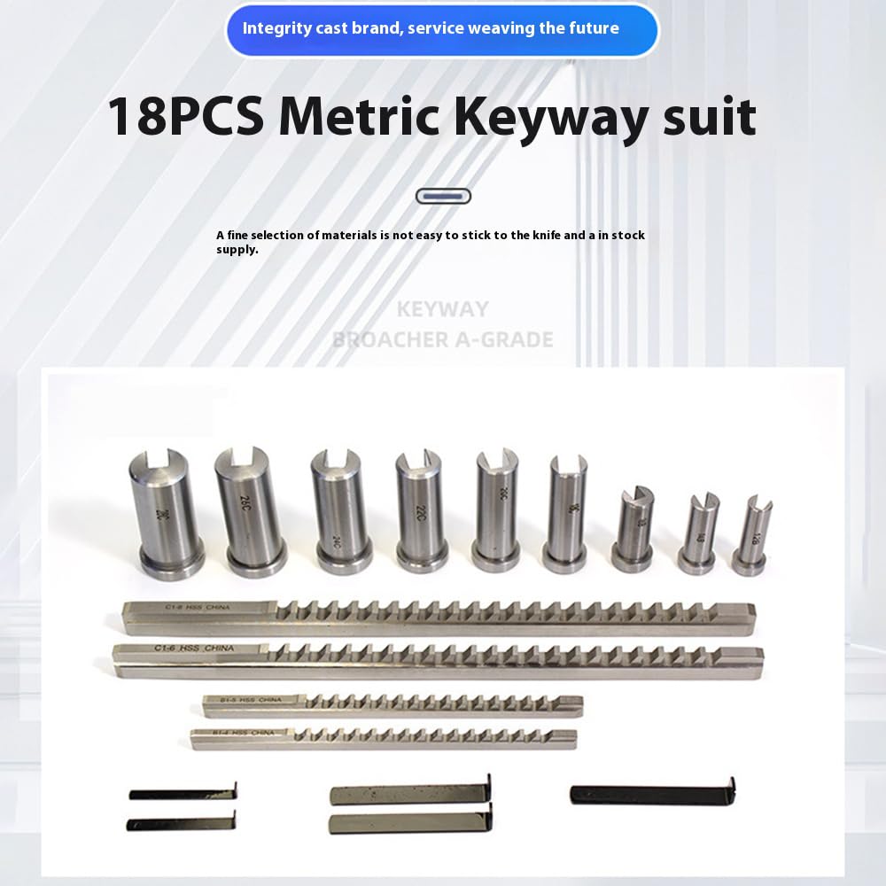 Machinery Keyway Tools, 18Pcs Push Type Keyway Broaches Industrial Tools, Broach Set 4/5/6/8mm Broaches, 4 Pcs Broach 9 Guide Sleeve 5 Gaskets, Metric Size Broaching Cutter Collared Bushing