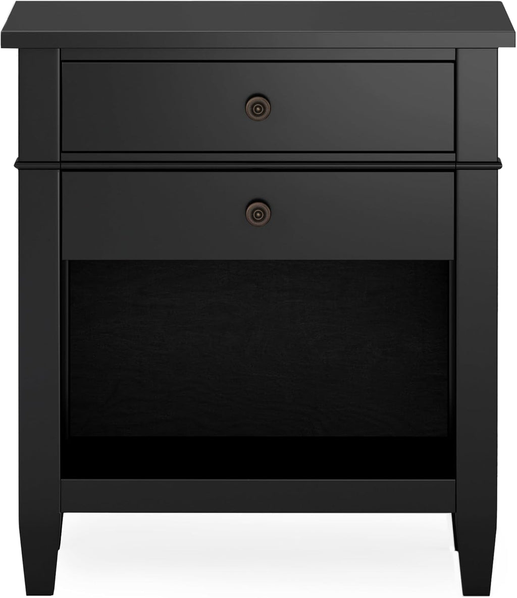 SIMPLIHOME Carlton Bedside Table - 24 inch Wide Solid Wood Nightstand Table in Black, Contemporary Bedroom Side or End Table with 2 Drawers, Open Storage Shelf and Bronze Hardware