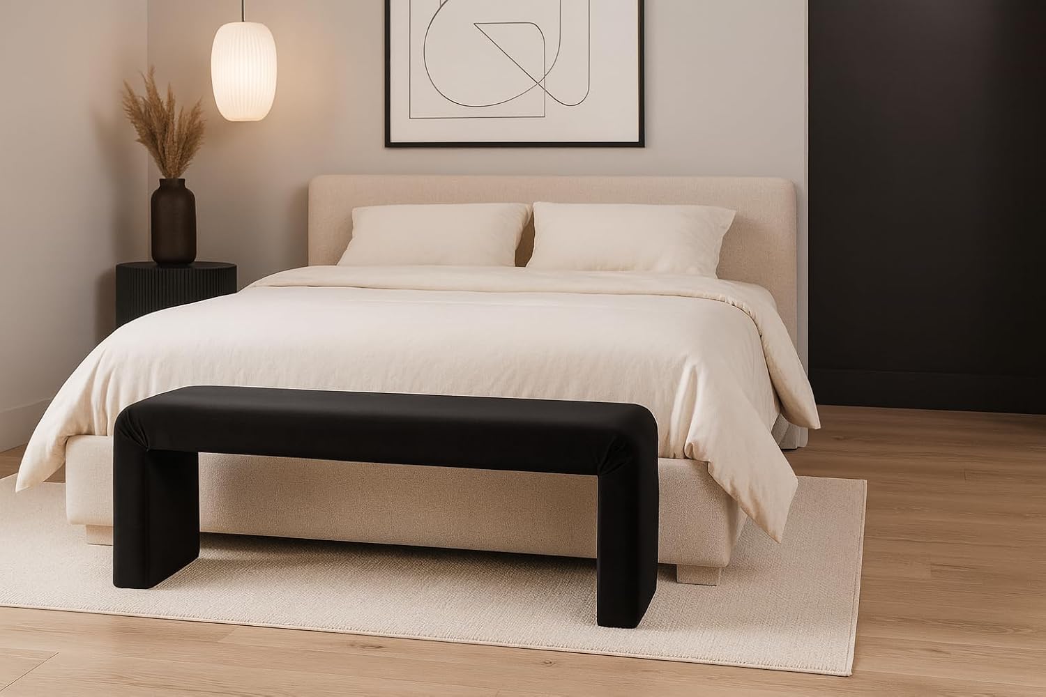 Meridian Furniture Minimalist Collection Modern | Contemporary Velvet Upholstered Bench, 53' W x 14.75' D x 18.25' H, Black