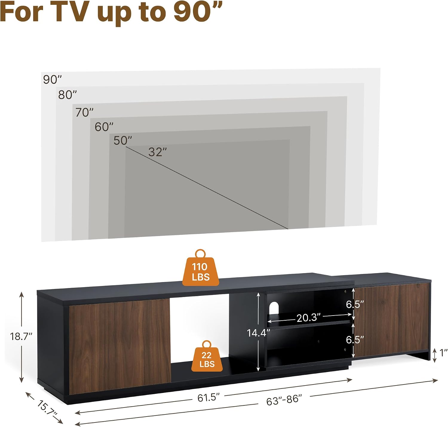 KISLOT Extendable TV Stand for TVs up to 90',Modern Entertainment Center with Adjustable Shelf,Television Stand with 2 Storage Cabinets,Wooden TV Media Console for Living Room Bedroom Black