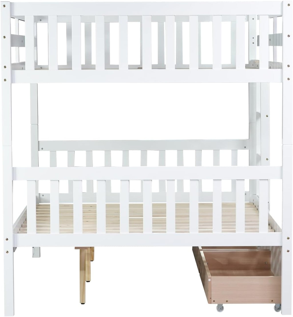 PVWIIK Full Over Full Wood Bunk Bed with 2 Drawers & Ladder for Adult Teenagers Kids Bedroom Dorm Guest Room,Convertible into 2 Full Beds Frame/Under Bed Space/No Box Spring Required,White