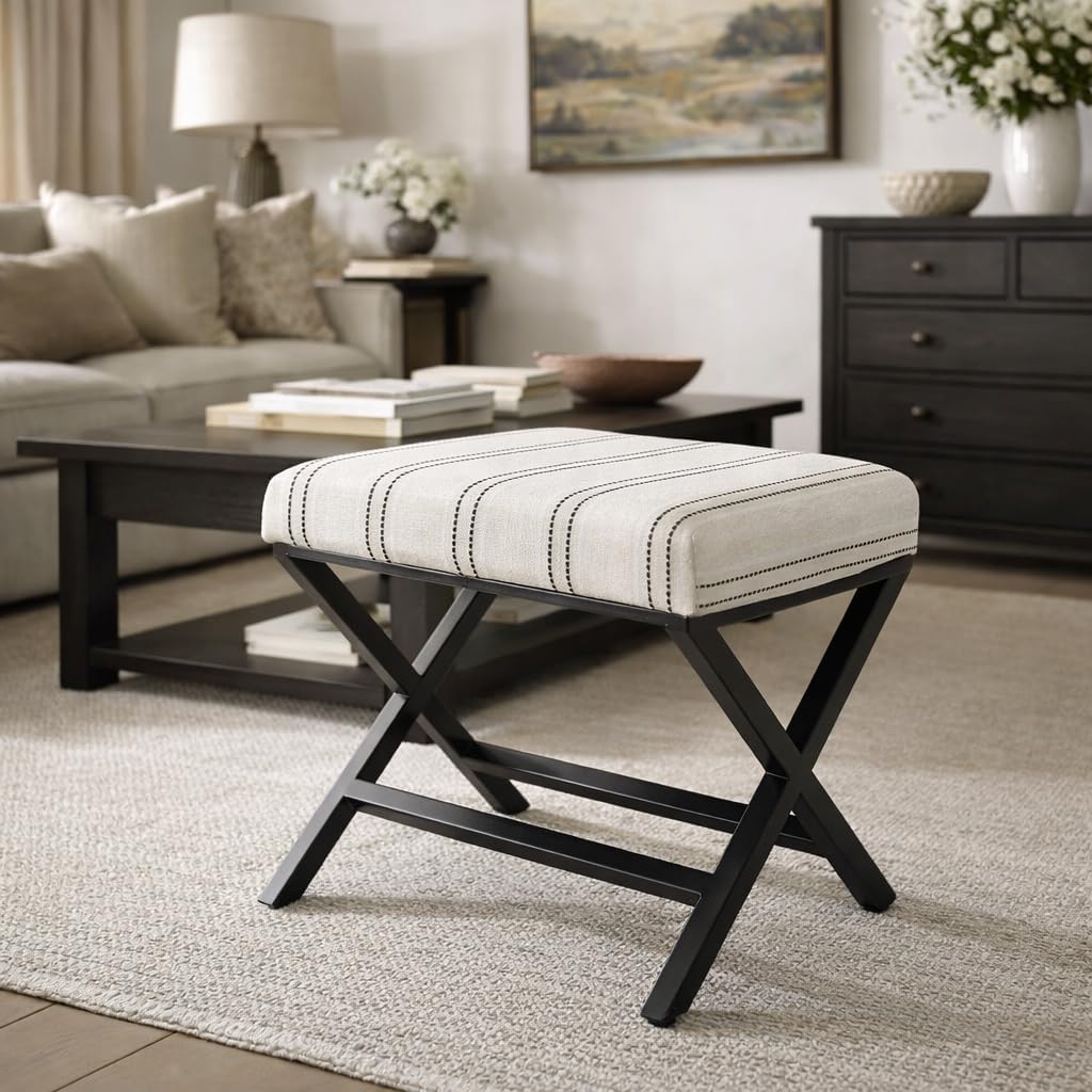 Homepop Home Decor | Modern Square Ottoman with Metal X Base | Ottoman for Living Room & Bedroom | Decorative Home Furniture (Black and White Stripe)