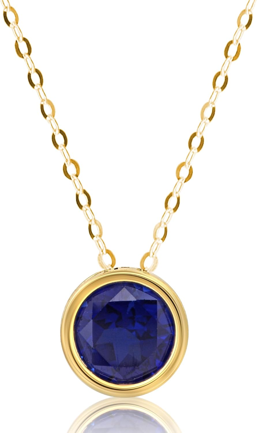 MAX + STONE 14K Gold Gemstone Pendant with 7mm Round Bezel Birthstone | Dainty Round Necklace for Women with Gold 18 Inch Cable Chain | Secure Clasp Pendants with Gift Box