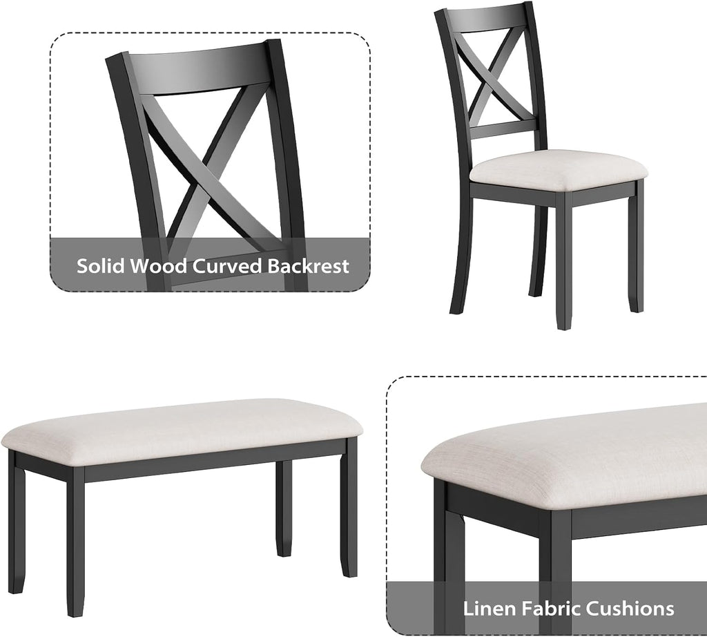 Zevemomo 6-Piece Solid Wood Dining Table Set, Including 1 Dining Table, 4 Upholstered Chairs and 1 Bench, Farmhouse Wooden Legs Dining Table Set for Living Room, Kitchen, Black