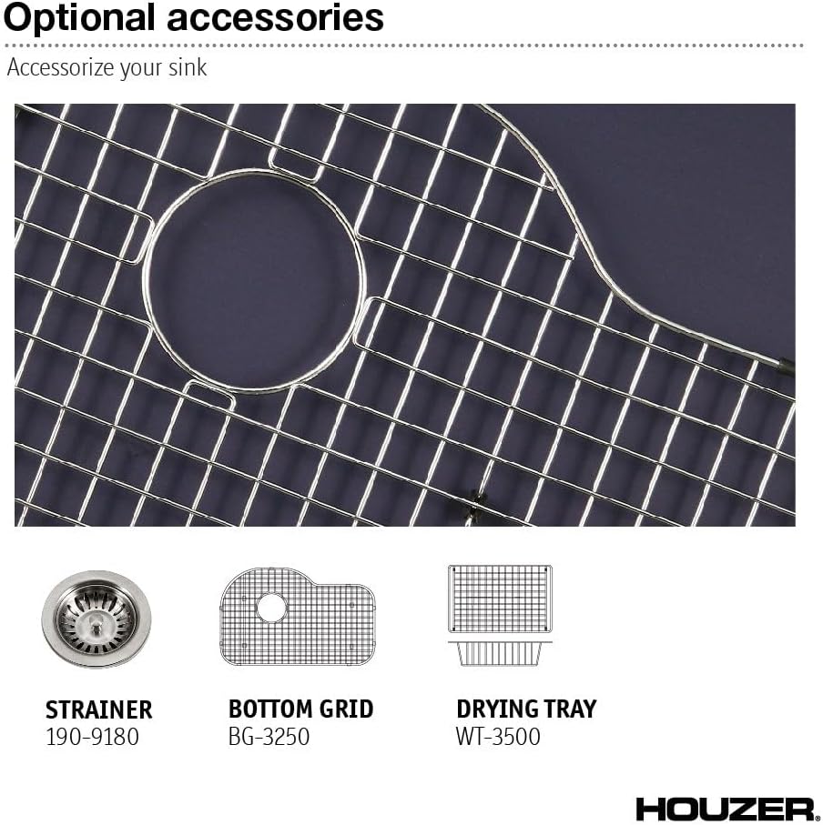 Houzer PCH-3700 MT Porcela 31 Inch Enamel Steel Kitchen Sink, Undermount, Single Bowl Offset, Cabinet Compatibility, Non Porous Surface Impervious to Cracks and Chips, Mint