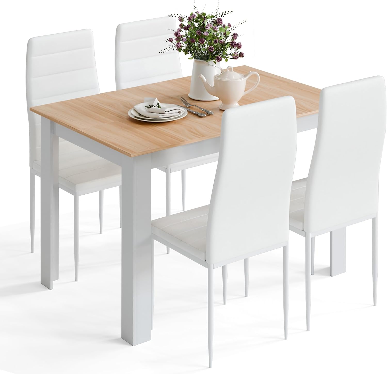 Mondeer Dining Table and Chairs Set 4, 5 Pieces Kitchen Table Set with High Back Faux Leather Chair for Dining Room Kitchen Rectangular Modern (Oak Table and 4 White Chairs)