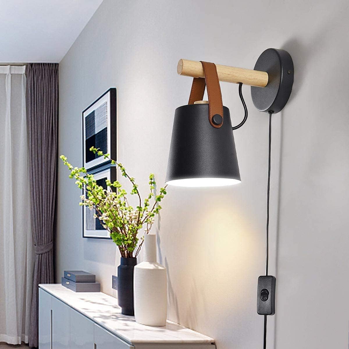 Wall Lamps for Bedroom Black Plug in Wall Sconces Indoor Wall Lighting fixtures Industrial E26 lamp Holder with Wooden and Leather lamp Wall for Nightstand Vanity Mirror or Farmhouse Aisle Corridor