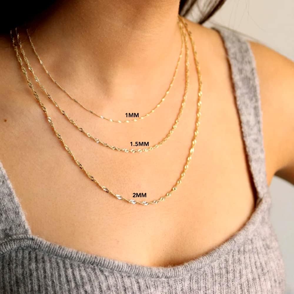 Jewelry Affairs 10k Yellow Real Solid Gold Singapore Chain Necklace, 1.5mm