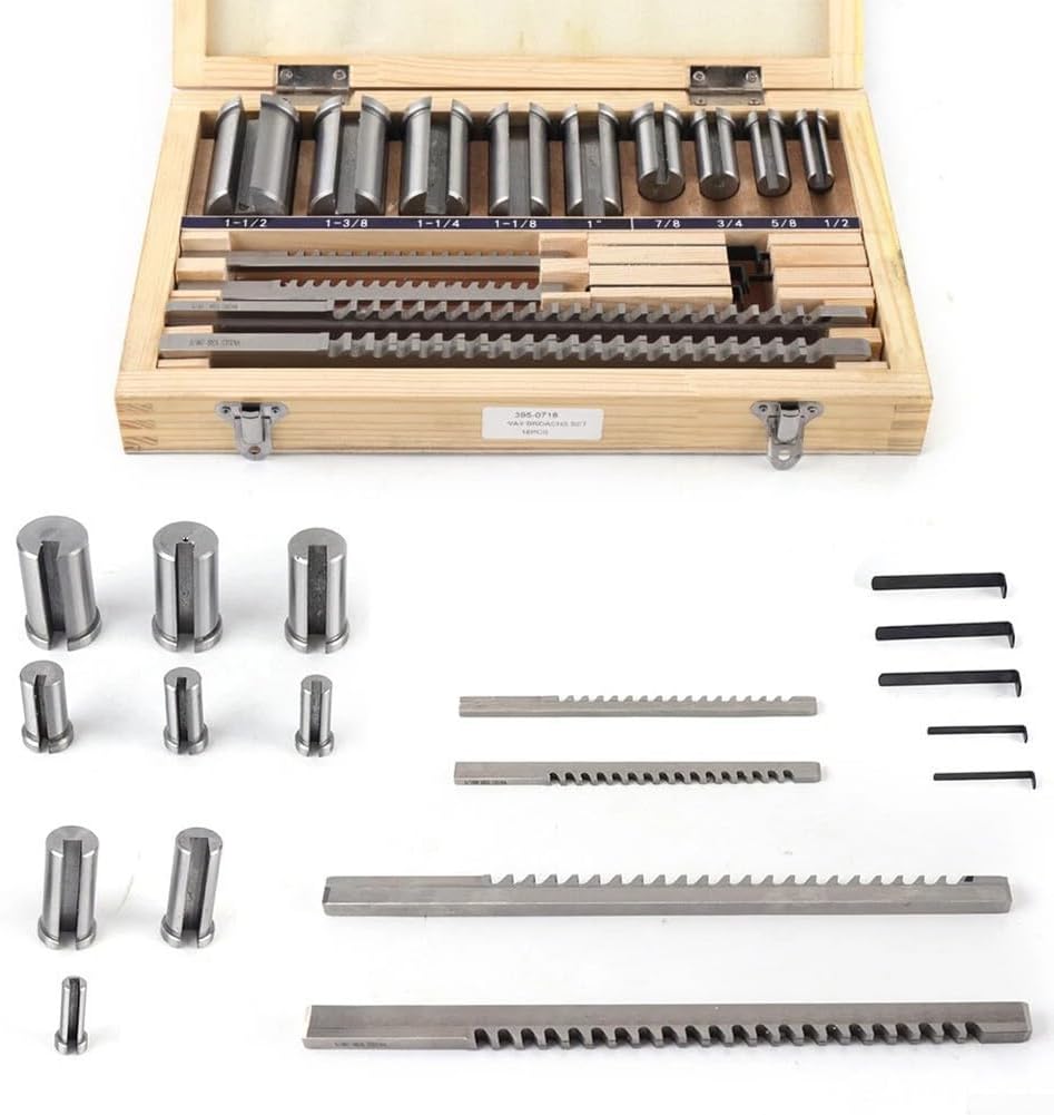 18-Piece HSS Keyway Broach Set with Bushings and Spacers for Imperial Inch Sizes 1/8' to 1-1/2', CNC Metalworking and Machining Tool