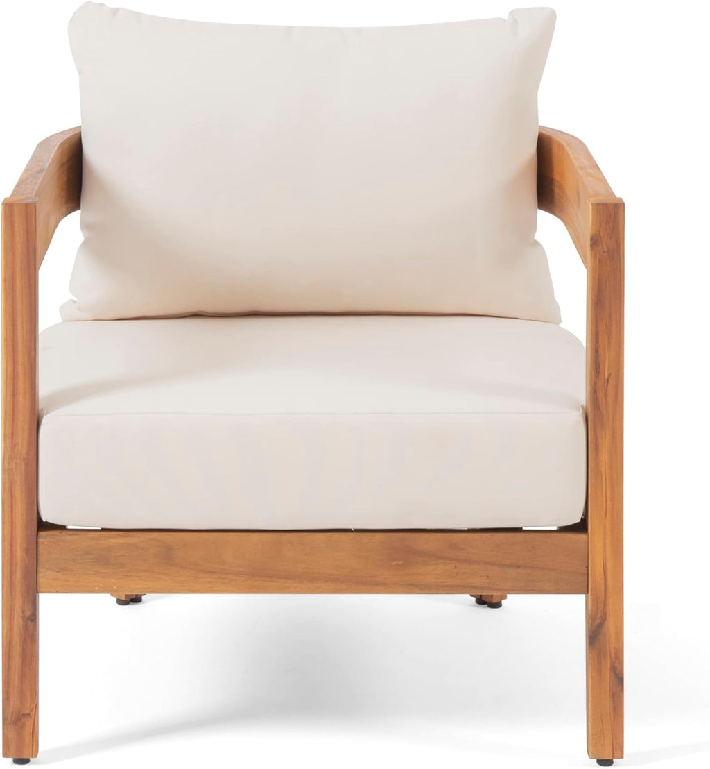 Christopher Knight Home Nadine Outdoor Accent Chair, Acacia Wood Club Chair, Tub Shape Design Armchair, Comfort Cushions Seating, Slat Open Back Reading Sofa for Balcony Backyard Garden, Teak+Beige