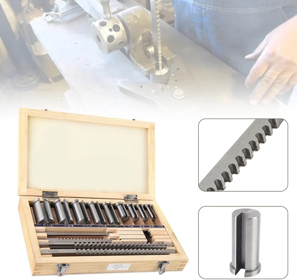 18-Piece HSS Keyway Broach Set with Bushings and Spacers for Imperial Inch Sizes 1/8' to 1-1/2', CNC Metalworking and Machining Tool