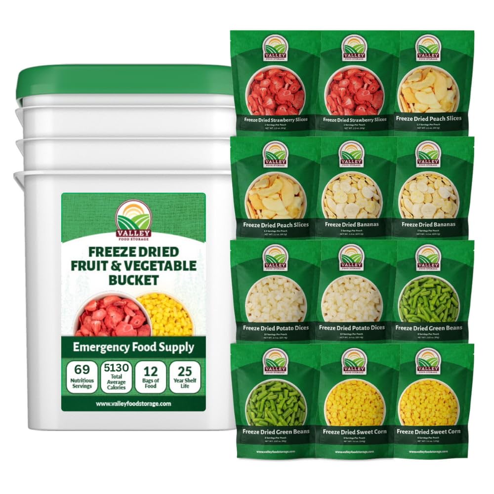 Valley Food Storage Freeze Dried Fruit & Vegetable Bucket | 12 Pouches Variety Pack | Non-GMO Premium Emergency Food Supply, 25 Year Shelf Life | Prepper Food Supplies for Camping & Long-Term Storage