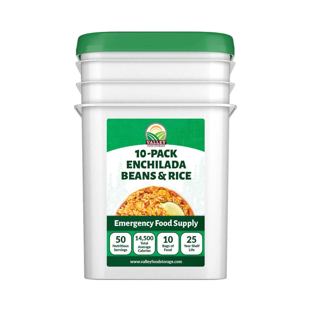 Valley Food Storage Enchilada Beans & Rice | 50 Servings Emergency Food Supply | Premium Survival Meals, 25 Year Shelf Life | Prepper Food, Camping & Off Grid Living Supplies (10 Bags + Bucket)