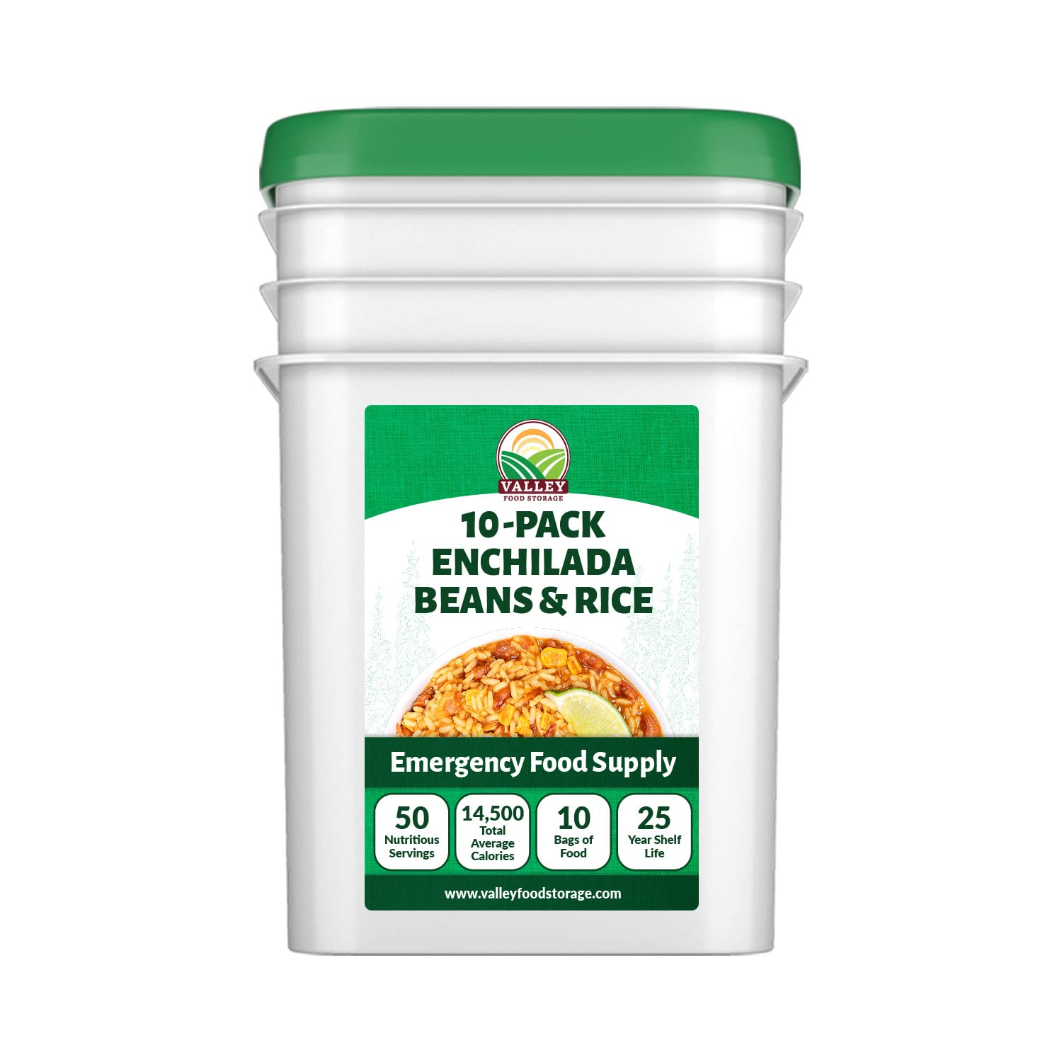 Valley Food Storage Enchilada Beans & Rice | 50 Servings Emergency Food Supply | Premium Survival Meals, 25 Year Shelf Life | Prepper Food, Camping & Off Grid Living Supplies (10 Bags + Bucket)