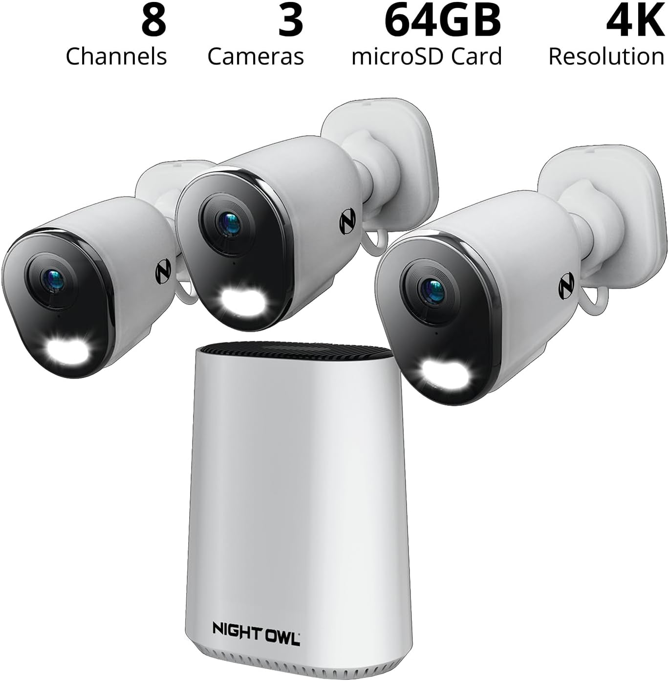 Night Owl 8 Channel Wi-Fi Video Home Security Hub with (3) Plug-in Wi-Fi 4K HD Indoor/Outdoor Spotlight Cameras with 2-Way Audio and 64GB microSD Card (Expandable up to 8 Cameras)