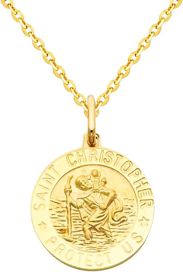 The World Jewelry Center 14k Yellow Gold Religious Saint Christopher Medal Pendant with 1.6mm Cable Chain Necklace