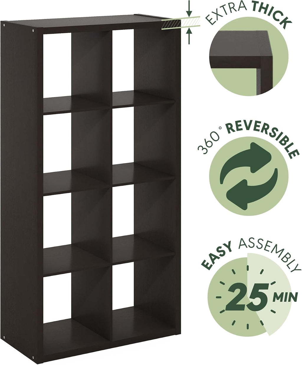 Furinno CUBICLE Book Shelf, 8-Cube Bookshelf, Extra Thick Frame Horizontally & Vertically Reversible Bookcase with Open Back, 14.6' x 30' x 58', for Living Room, Bedroom, Home Office, Black Dark Oak