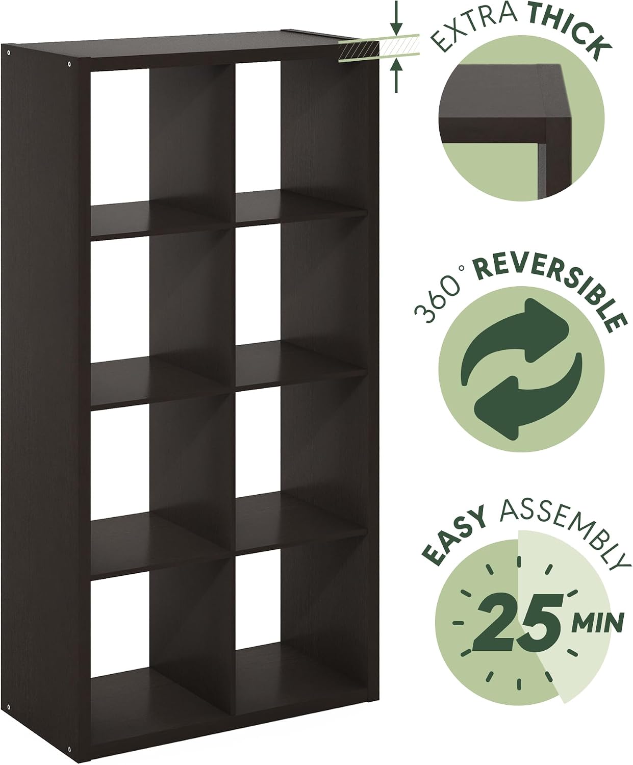 Furinno CUBICLE Book Shelf, 8-Cube Bookshelf, Extra Thick Frame Horizontally & Vertically Reversible Bookcase with Open Back, 14.6' x 30' x 58', for Living Room, Bedroom, Home Office, Black Dark Oak