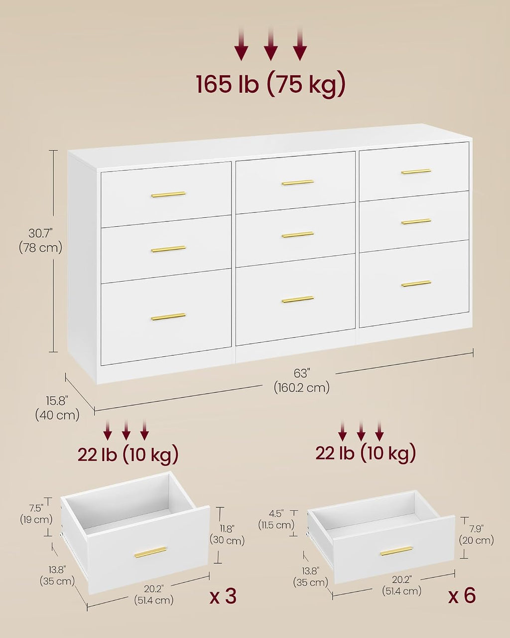 VASAGLE Custos Collection - Dresser for Bedroom, Chest of Drawers for Closet, Modern Style, TV Stand for Living Room, 9 Drawers, 15.8 x 63 x 30.7 Inches, Cloud White ULTS419WB01S