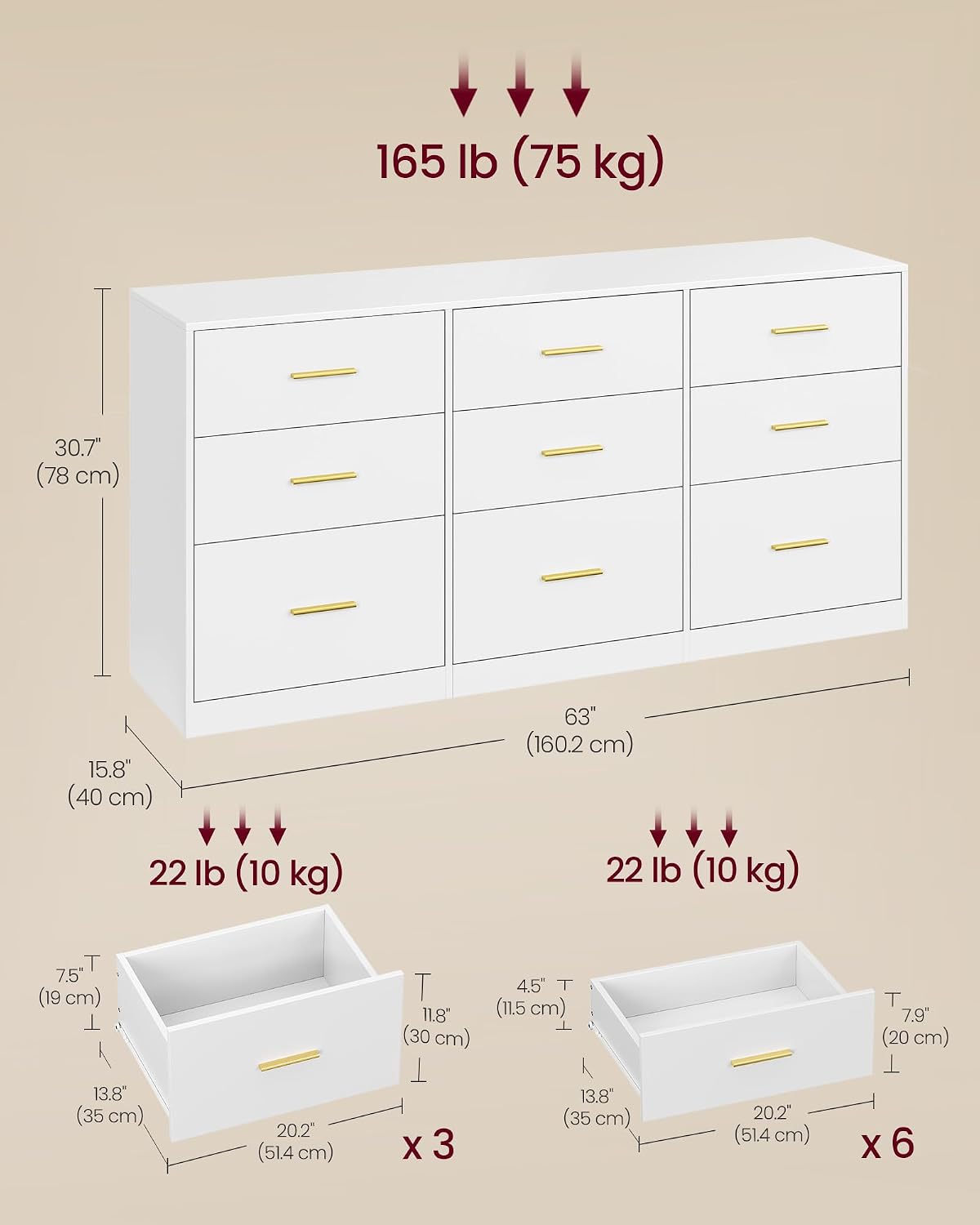VASAGLE Custos Collection - Dresser for Bedroom, Chest of Drawers for Closet, Modern Style, TV Stand for Living Room, 9 Drawers, 15.8 x 63 x 30.7 Inches, Cloud White ULTS419WB01S