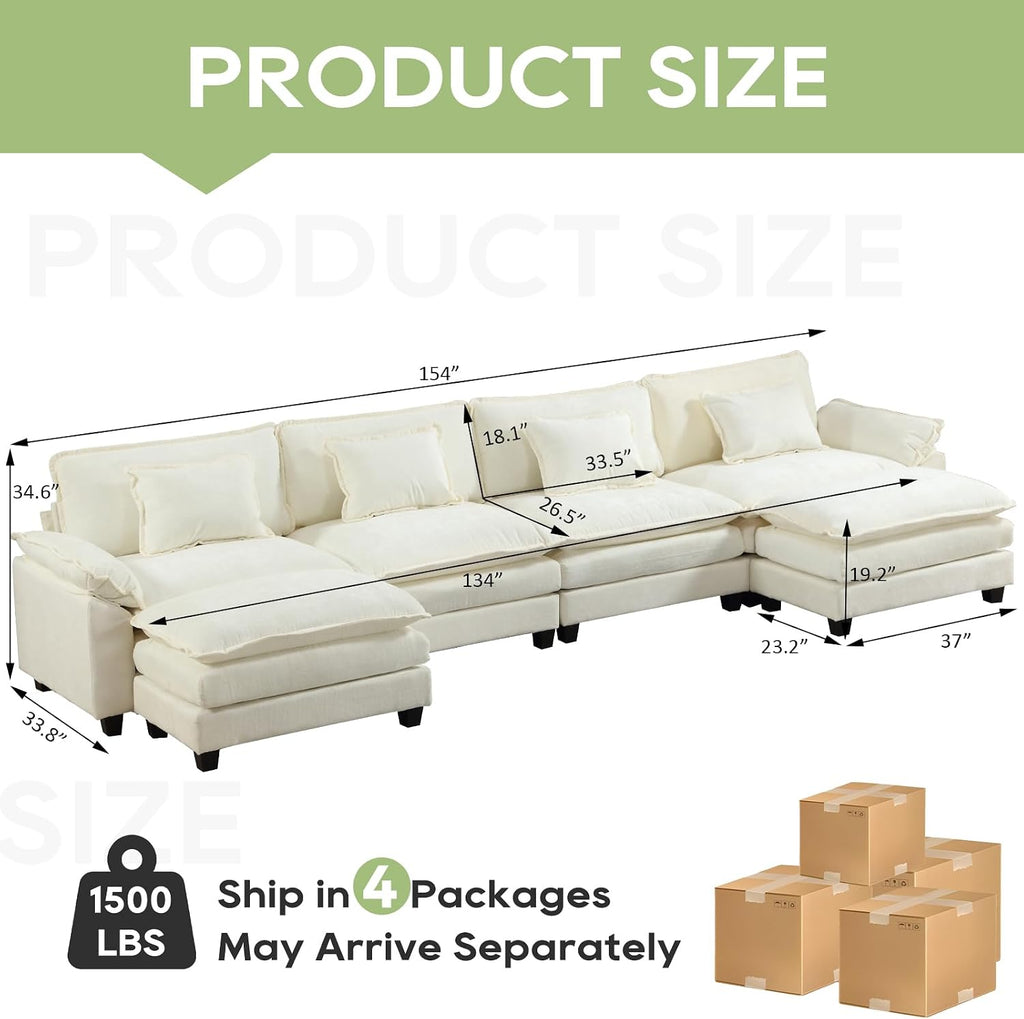 Oprisen 154' Modular Sectional Sofa, Comfy Cloud Couch Sectional Sofa with Ottoman, Chenille Sofa Sleeper Deep Seat Sofa with Throw Pillows for Living Room (Beige White, 154'- U Shape)