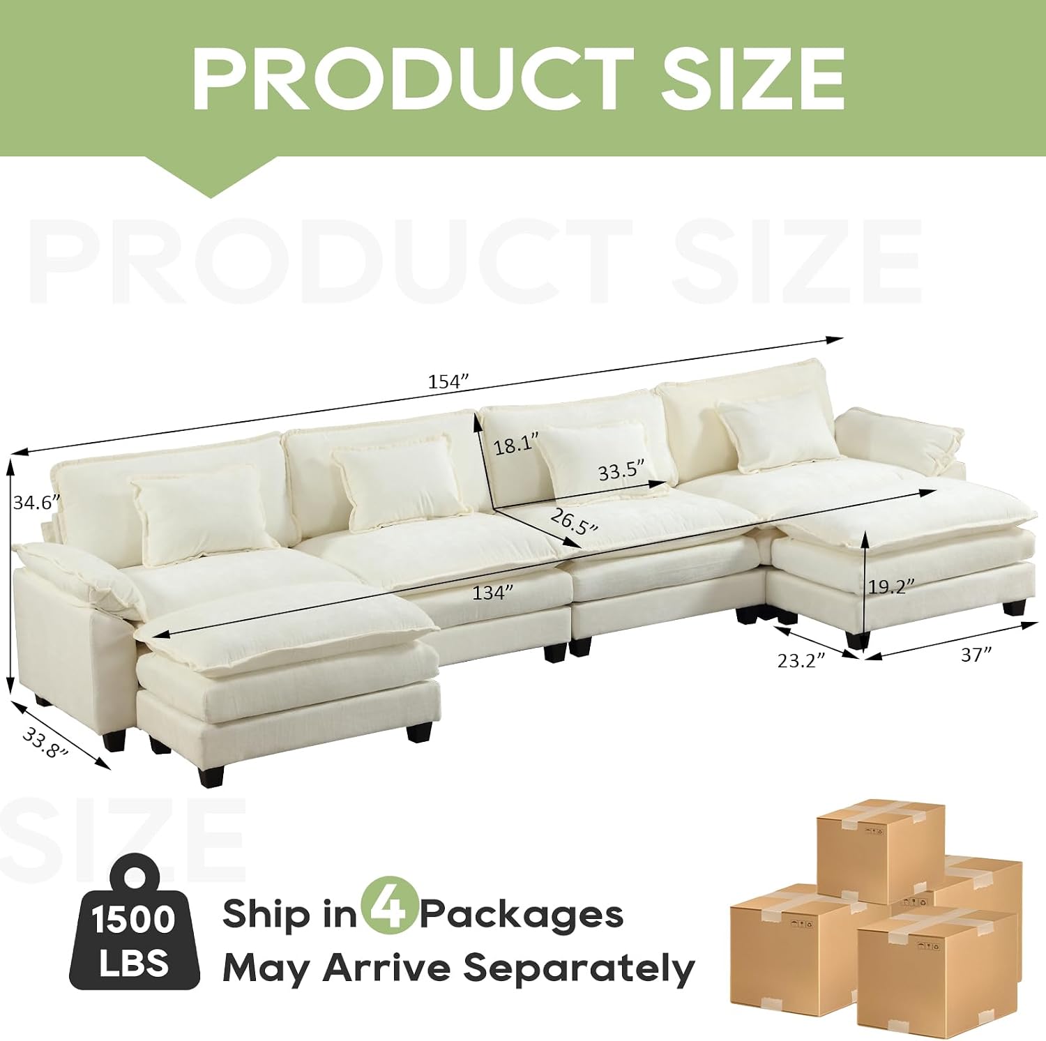 Oprisen 154' Modular Sectional Sofa, Comfy Cloud Couch Sectional Sofa with Ottoman, Chenille Sofa Sleeper Deep Seat Sofa with Throw Pillows for Living Room (Beige White, 154'- U Shape)
