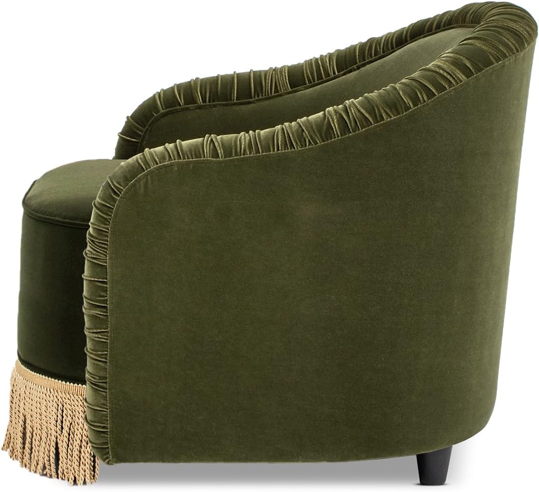 Jennifer Taylor Home Serena 31.5' Ruched Barrel Back Accent Arm Chair with Bullion Fringe, Olive Green Performance Velvet