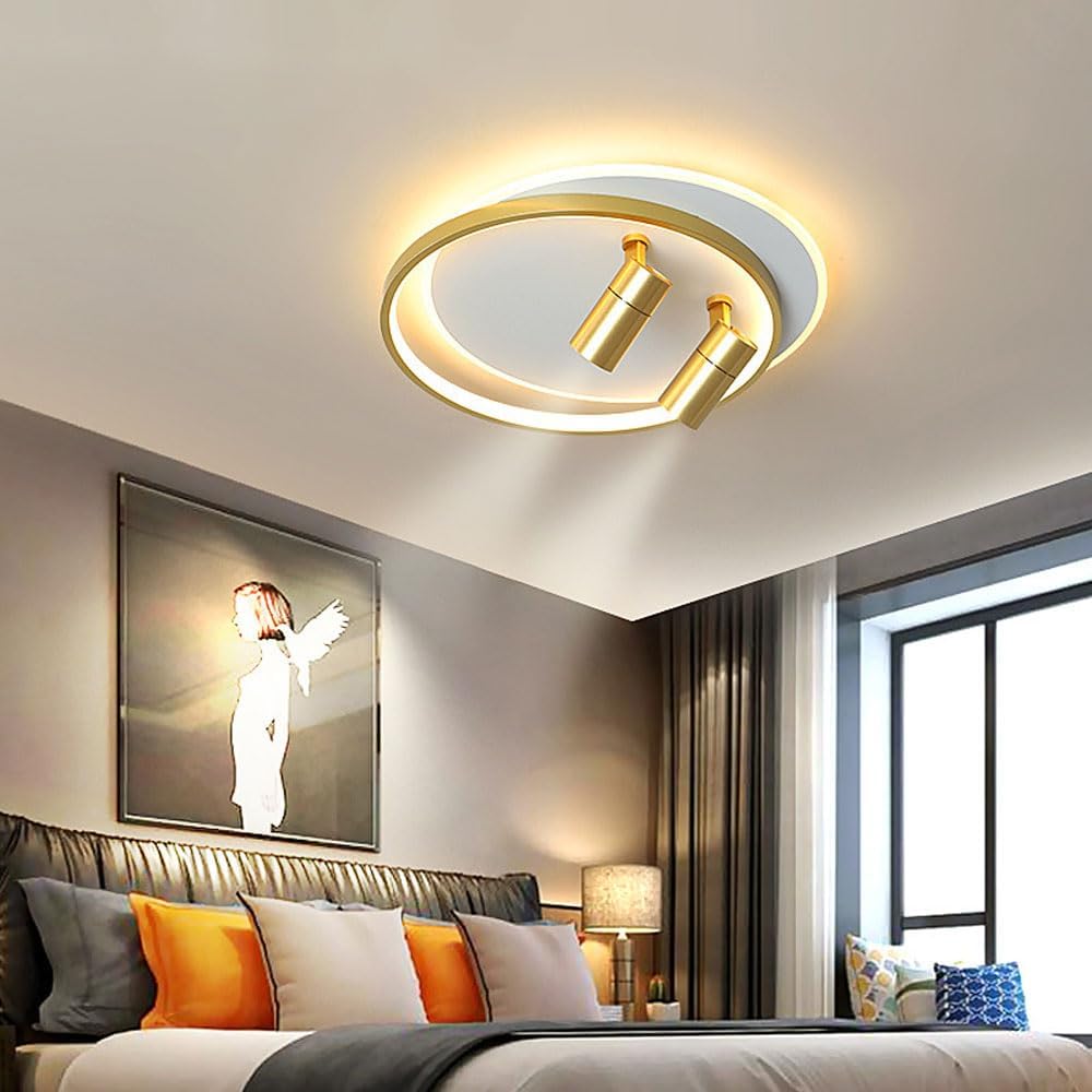 Modern LED Ceiling Light with 2 Spotlights, Dimmable Ring Ceiling Lighting Fixture with Remote Control, Indoor Flush Mount Ceiling Lamp for Bedroom Hallway Dining Room Entryway Kitchen