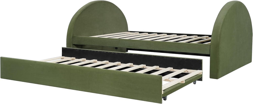 Christopher Knight Home Leonhart Velvet Upholstered Full Size Bed Frame with Headboard/Footboard, Day Bed Frame with Pull-Out Functionality, Iron Frame + Wooden Slat Trundle Bed Full, Olive Green