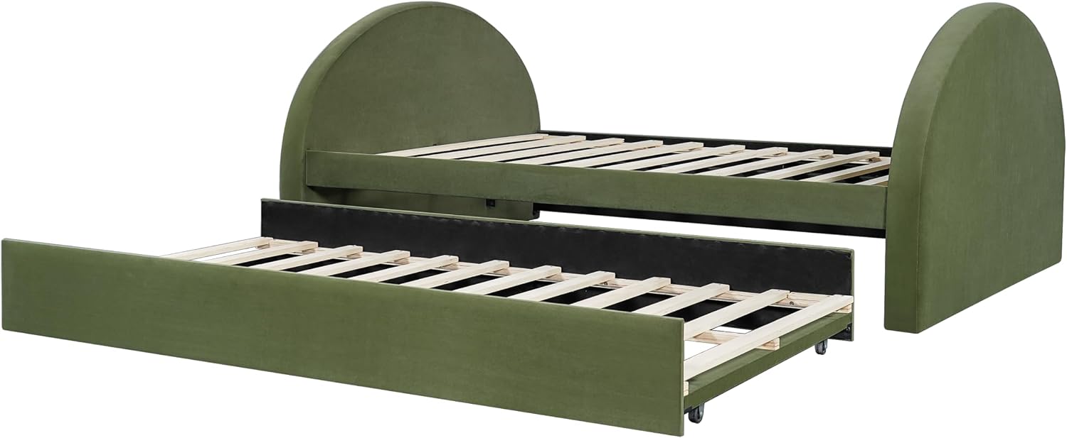 Christopher Knight Home Leonhart Velvet Upholstered Full Size Bed Frame with Headboard/Footboard, Day Bed Frame with Pull-Out Functionality, Iron Frame + Wooden Slat Trundle Bed Full, Olive Green