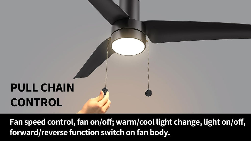 SMAAIR 52 Inch Indoor Ceiling Fans with Pull Chain, Flush Mount Modern Ceiling Fans with Lights, Dimmable LED Ceiling Fan with 3 Blades for Bedroom, Quiet DC Motors, Reversible, Black