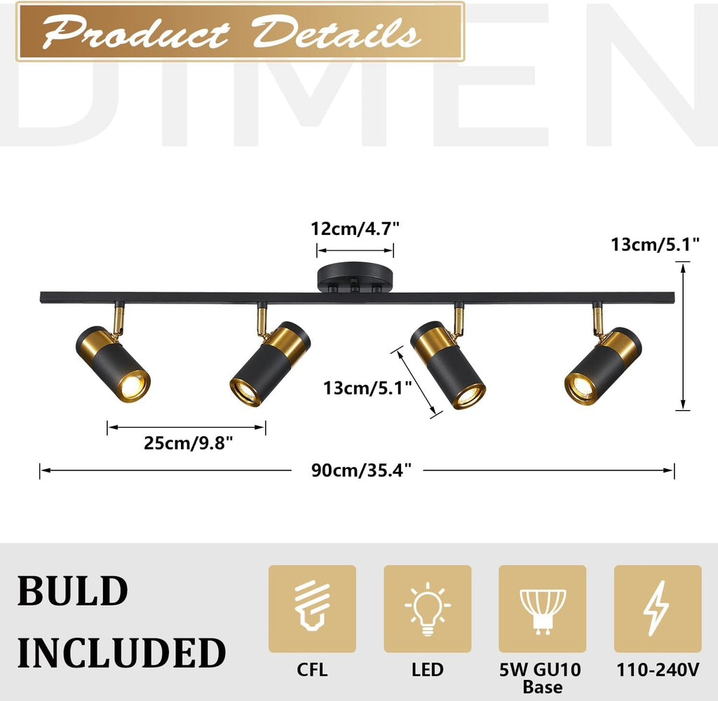 Matte Black Track Lighting Kit Mid Century Vintage Adjustable Kitchen Track Lighting Fixtures Modern Indoor Ceiling Mount Linear Spotlight Fixture Flexibly Rotatable Light Head GU10 MCL05-4 BK