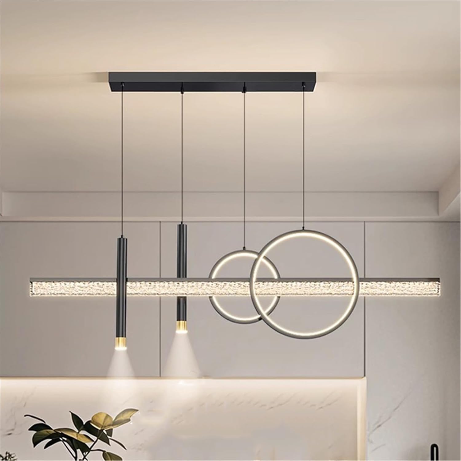 Modern Pendant Chandelier Linear Fixture with 2 Cylindrical Spotlights Black Finish LED Indoor Lighting Dining Room Kitchen Island Pendant Light Stylish(RC Remote dimming,100cm)