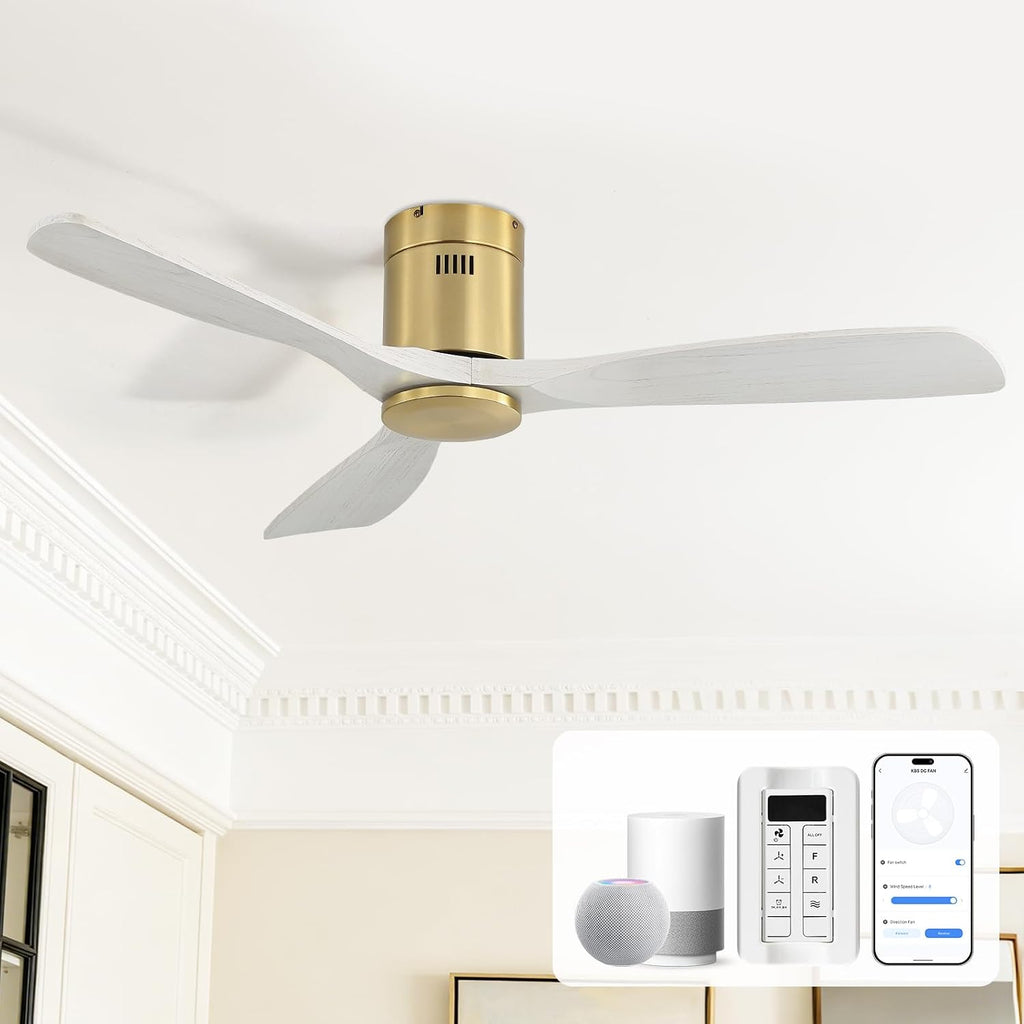 Sofucor 52' Solid Wood Low Profile Flush Mount Ceiling Fan No Light, Outdoor Modern Ceiling Fan without Light works with Alexa/Google/App 6-Speed, 3-Timer, Reversible DC Motor for Living Room Bedroom