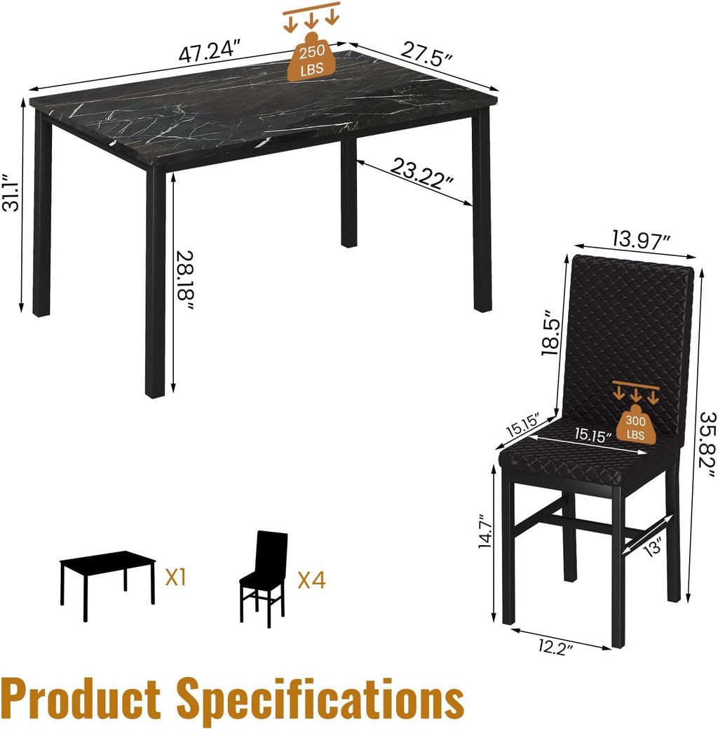 DKLGG Dining Table Set for 4, Faux Marble Kitchen Table with Velvet Upholstered Dinner Chairs, Small Dining Room Sets for Small Space Apartment Home