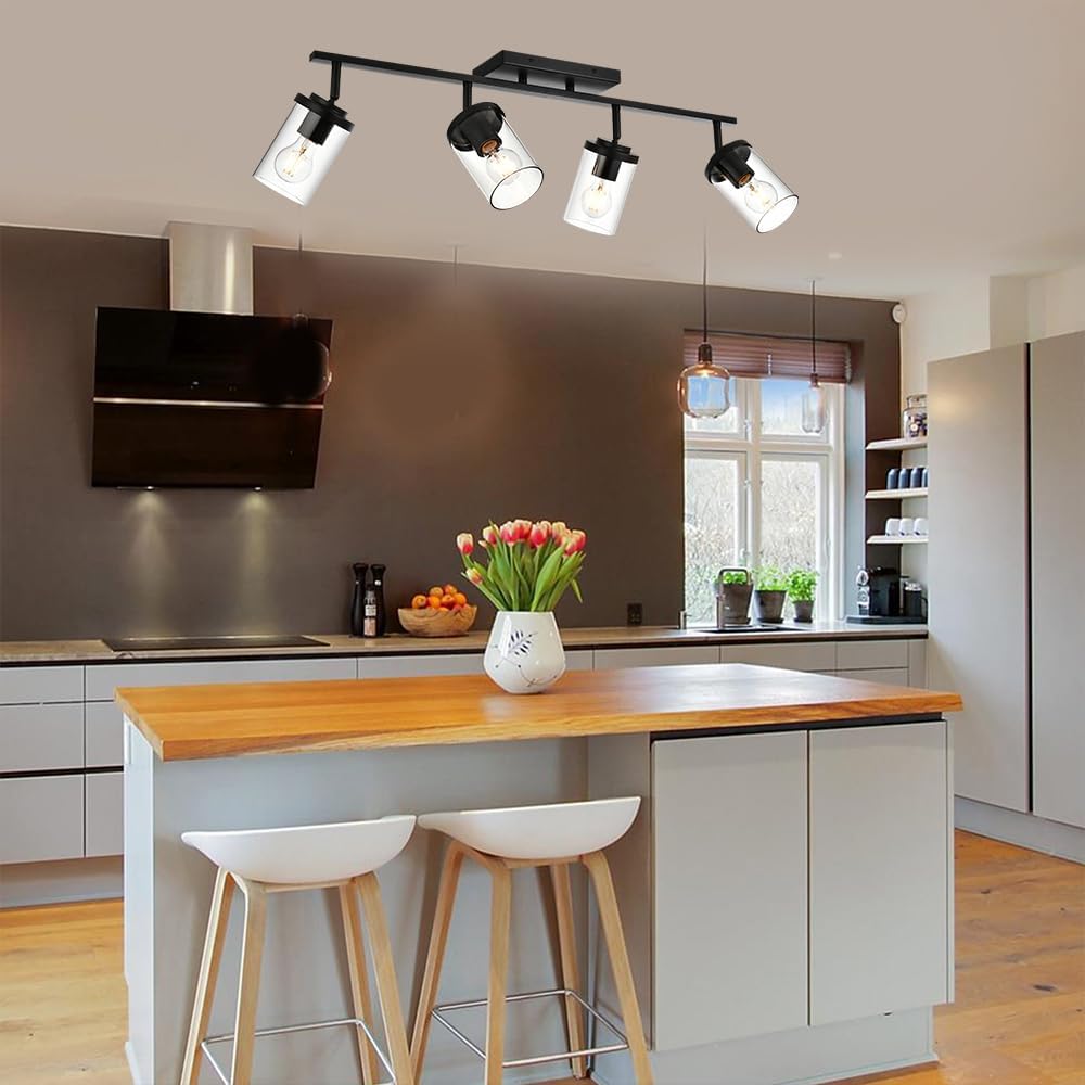BONLICHT Ceiling Spotlights Track Lighting Kit 4 Light Bathroom Vanity Lighting Black Modern Multi-Directional Ceiling Mount Fixture Industrial Farmhouse Sconces Wall Mount Lamp with Clear Glass Shade