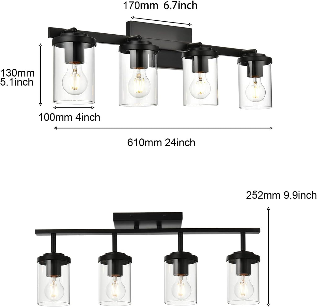BONLICHT Ceiling Spotlights Track Lighting Kit 4 Light Bathroom Vanity Lighting Black Modern Multi-Directional Ceiling Mount Fixture Industrial Farmhouse Sconces Wall Mount Lamp with Clear Glass Shade