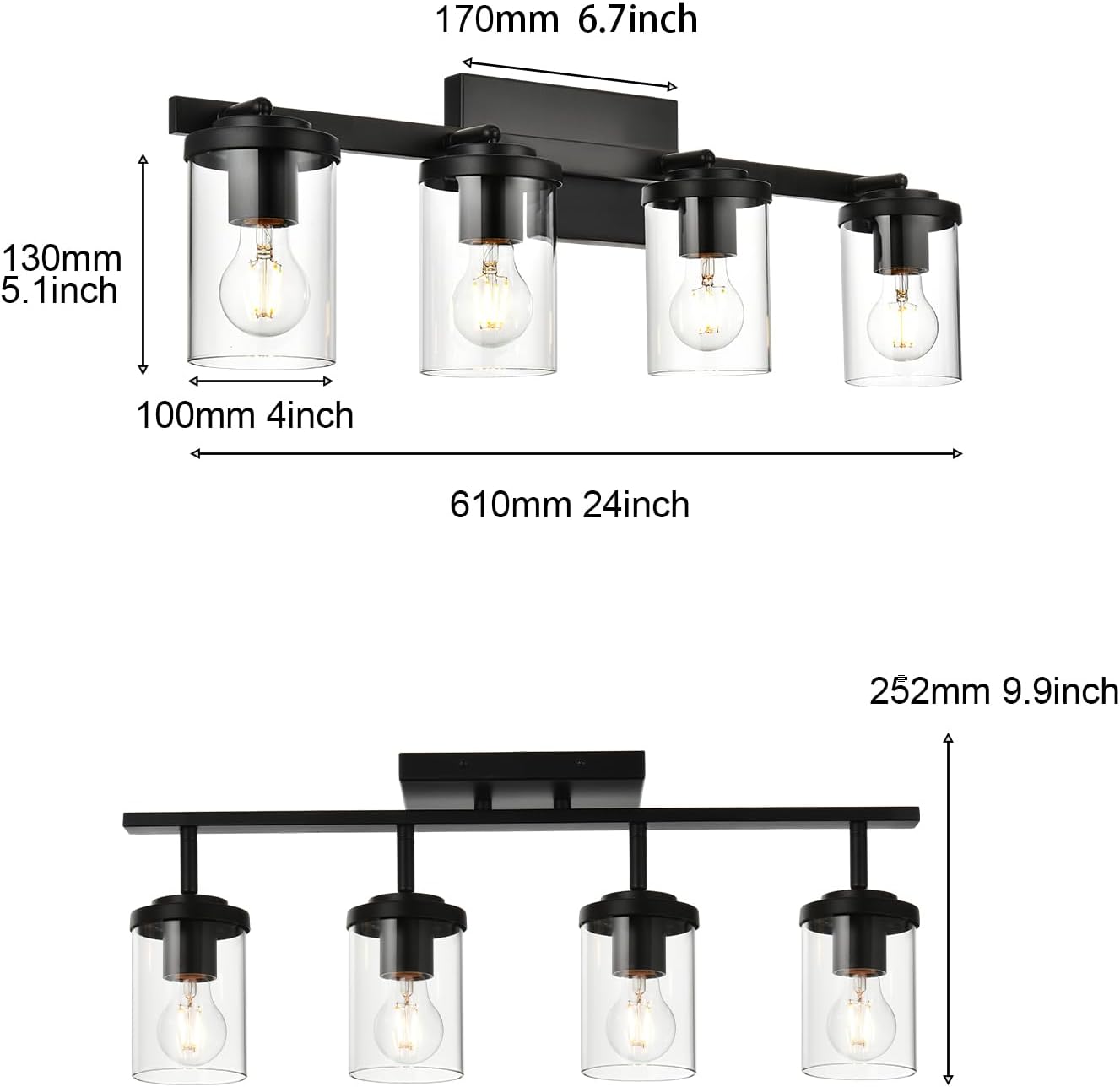 BONLICHT Ceiling Spotlights Track Lighting Kit 4 Light Bathroom Vanity Lighting Black Modern Multi-Directional Ceiling Mount Fixture Industrial Farmhouse Sconces Wall Mount Lamp with Clear Glass Shade