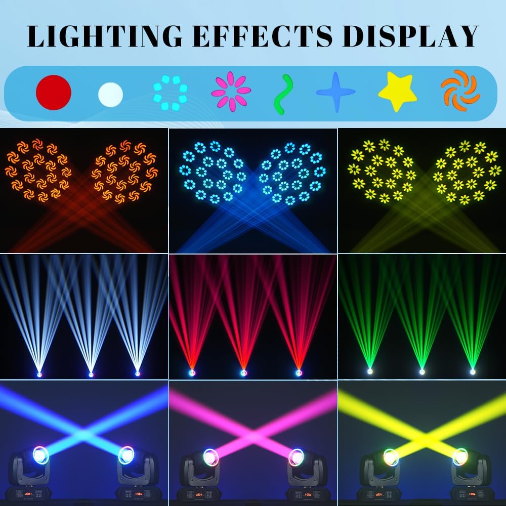 MINGJIE Moving Head Light, 120W Professional DJ Led Stage Light, Beam Spotlight 110000Lux with 8 Gobos & 8 Colors, DMX512 & Sound Activated & Remote Control for Club, Disco, Party,Bar, Show（2PCS）