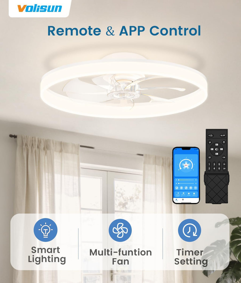 VOLISUN Low Profile Ceiling Fans with Lights and Remote, 24in Fandelier Ceiling Fan Flush Mount, 3000K-6500K Smart Bladeless LED Fan Light, White Modern Ceiling Fans with Lights for Bedroom