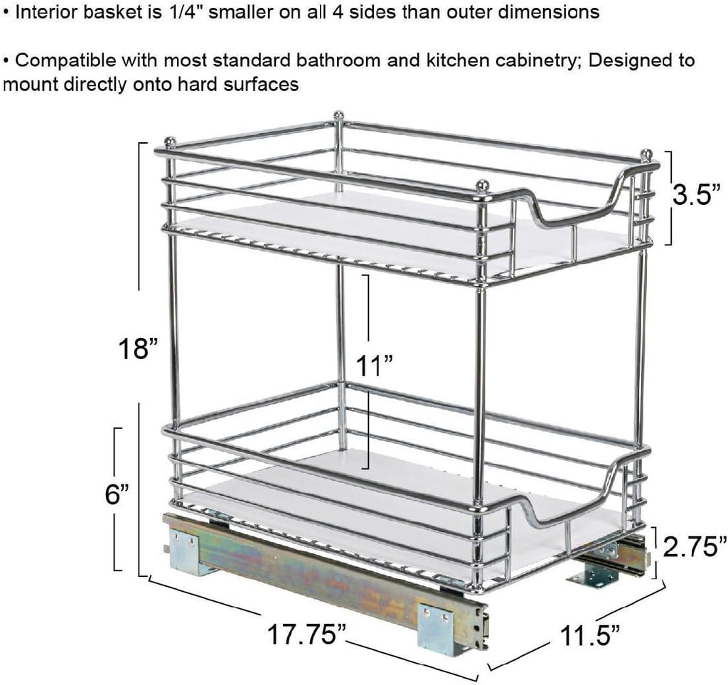 Household Essentials Glidez 2‑Tier Multipurpose Large Chrome‑Plated Steel Pull‑Out/Slide‑Out Under Cabinet Organizer with Plastic Liner, Chrome Finish