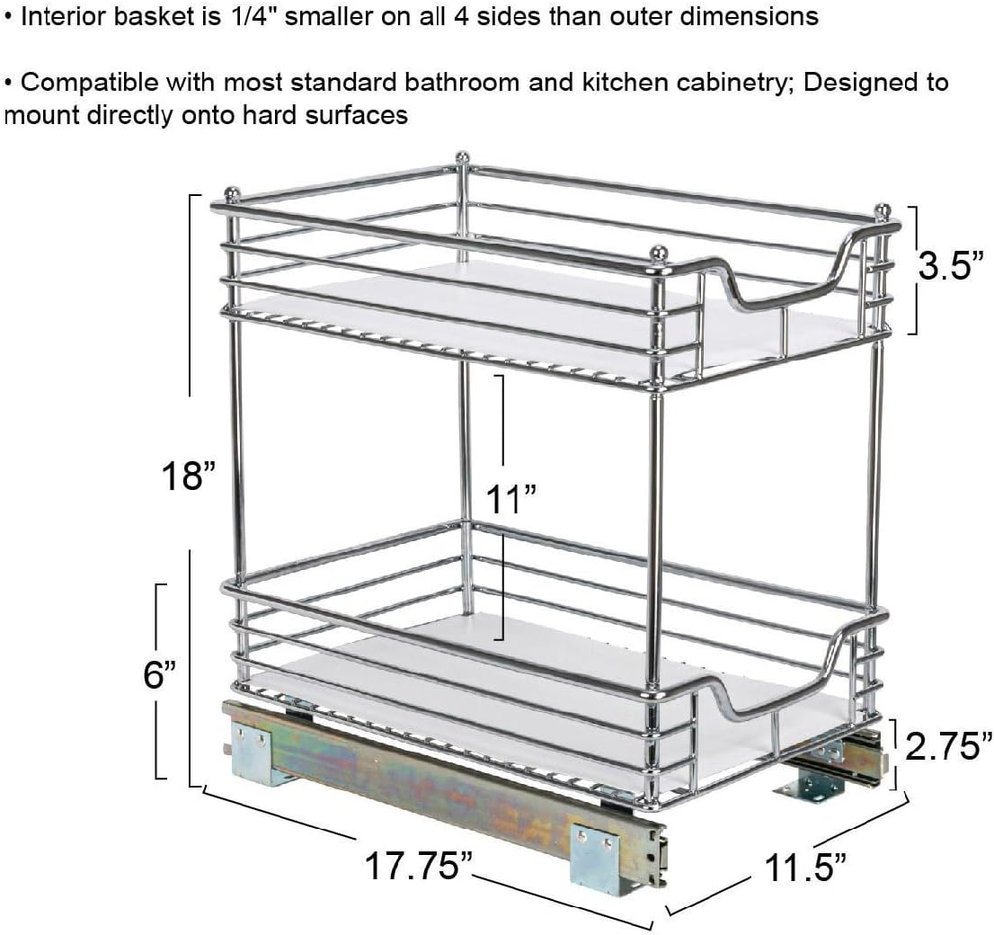 Household Essentials Glidez 2‑Tier Multipurpose Large Chrome‑Plated Steel Pull‑Out/Slide‑Out Under Cabinet Organizer with Plastic Liner, Chrome Finish