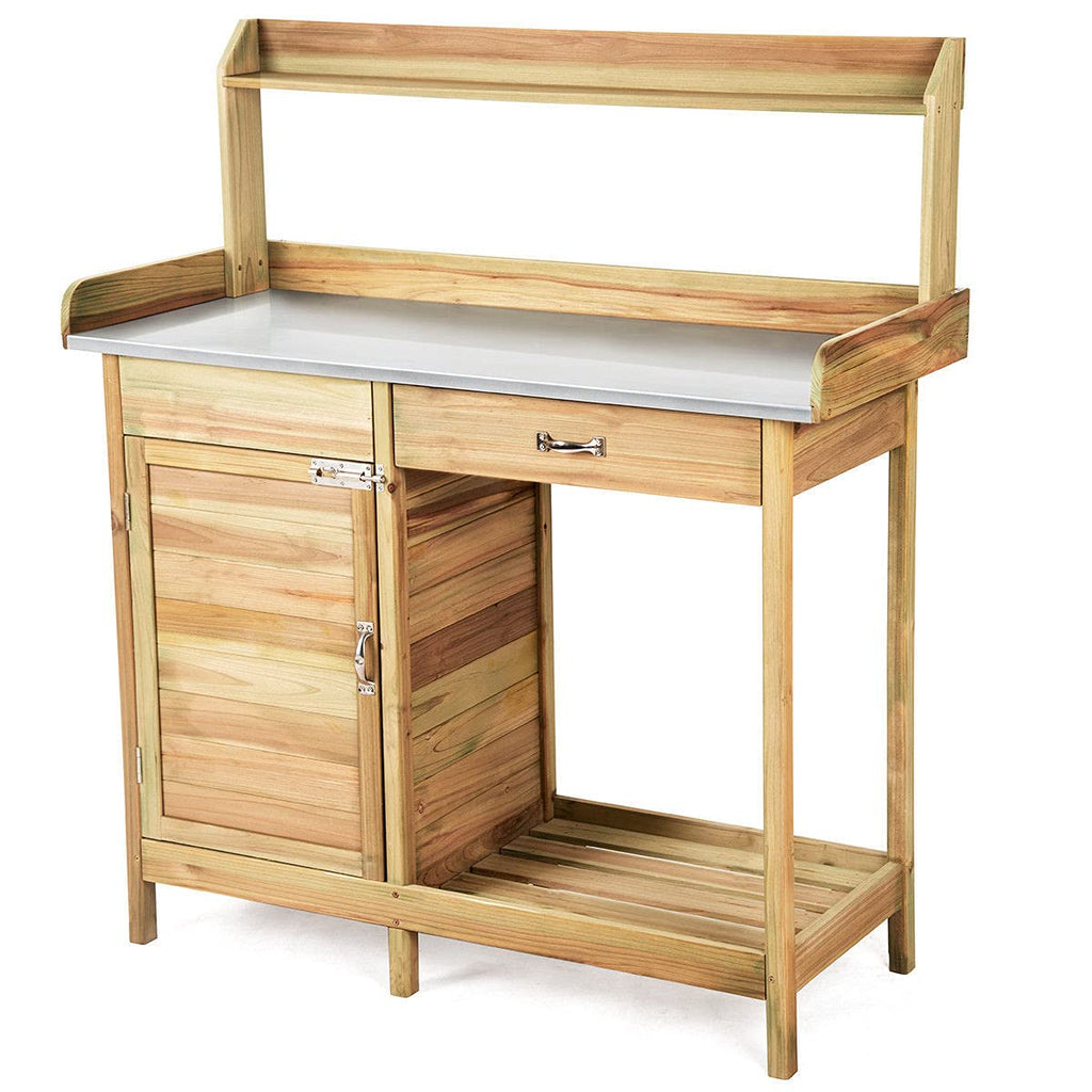 Natural Wooden Outdoor Planting Cabinet Garden Potting Bench Workbench Table Storage Cabinet Compartment Drawer Open Shelf 3 Side Hooks Metal Spacious Tabletop Gardening Supplies Tools Storage
