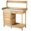 Natural Wooden Outdoor Planting Cabinet Garden Potting Bench Workbench Table Storage Cabinet Compartment Drawer Open Shelf 3 Side Hooks Metal Spacious Tabletop Gardening Supplies Tools Storage