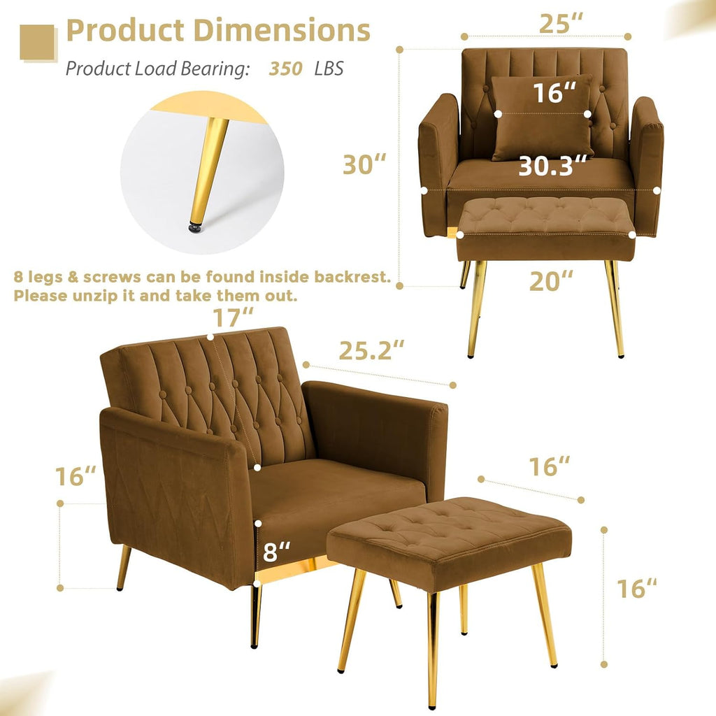 Velvet Accent Chair with Adjustable Armrests and Backrest, Button Tufted Lounge Chair, Single Recliner Armchair with Ottoman and Pillow for Living Room, Bedroom, Brown