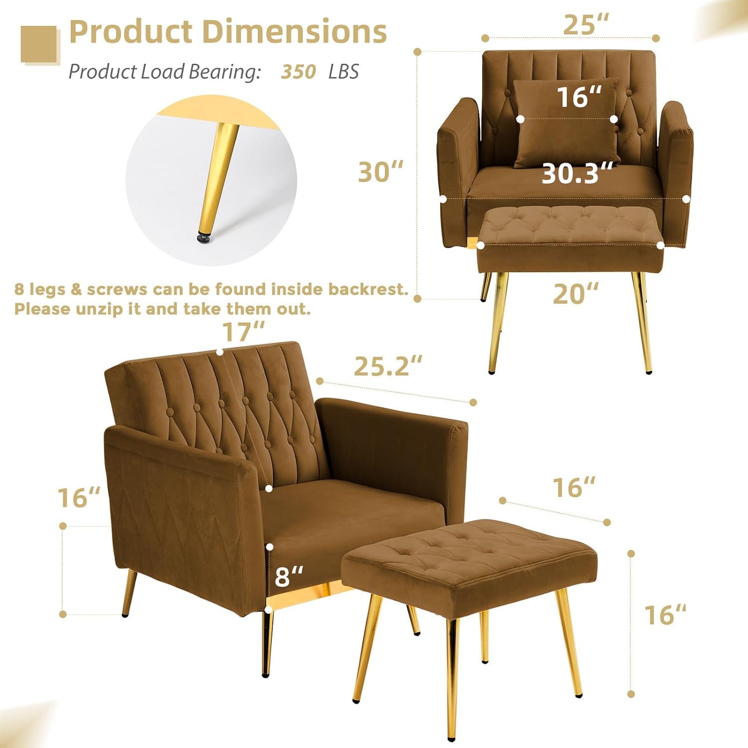 Velvet Accent Chair with Adjustable Armrests and Backrest, Button Tufted Lounge Chair, Single Recliner Armchair with Ottoman and Pillow for Living Room, Bedroom, Brown
