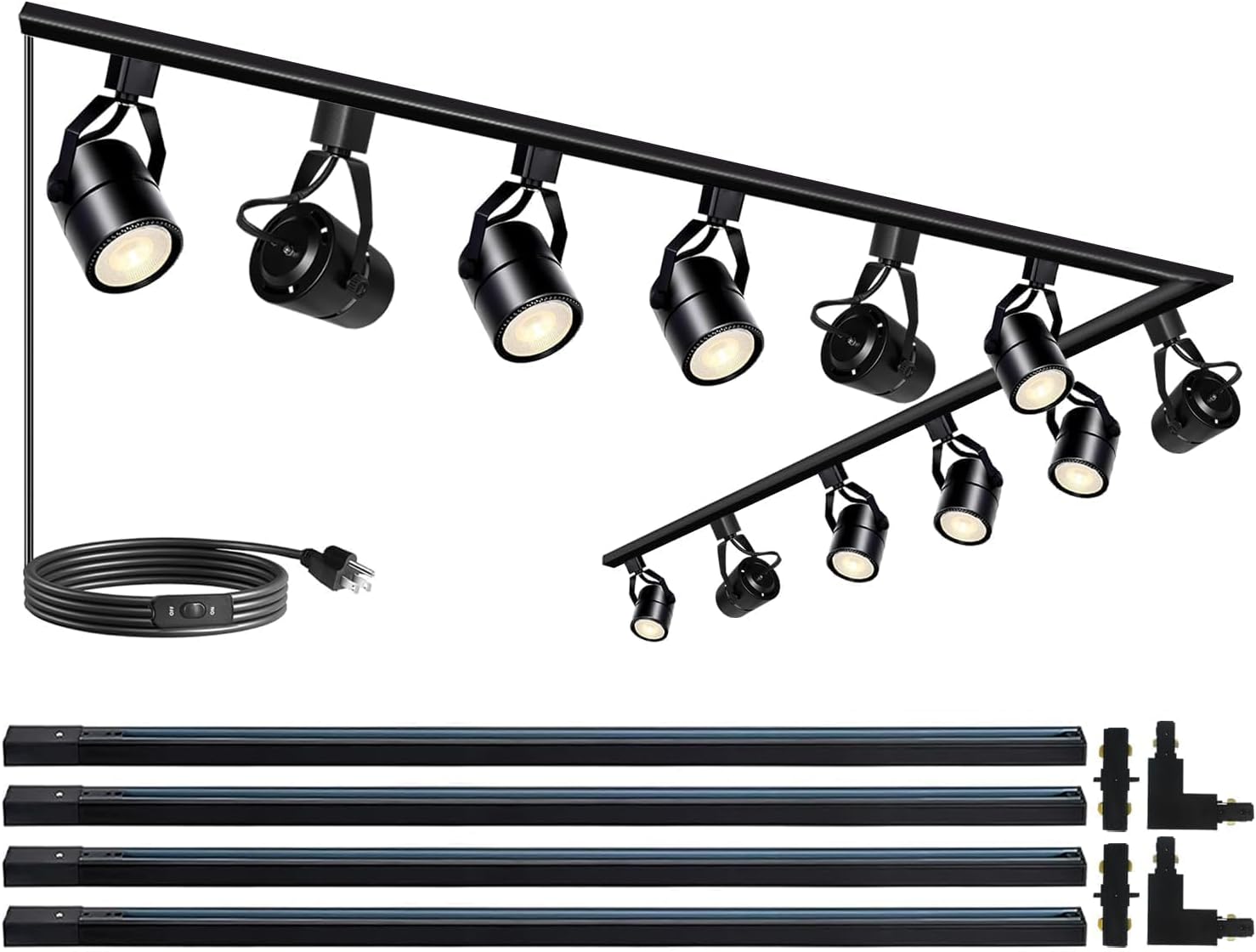 Black Track Lighting Heads Kit, PAR20 Dimmable H Type Track Lights Heads with 13.1FT(3.28 * 4) H Type Track Rails, 6000K Cold White LED Ceiling Spotlight Fixture, Replaceable PAR20 Bulb