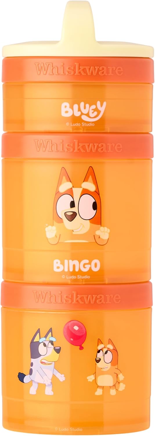 Whiskware Bluey Stackable Snack Containers for Kids & Toddlers, 3 Stackable Snack Cups for School and Travel, Bluey & Bingo, Hooray! (Pack of 12)