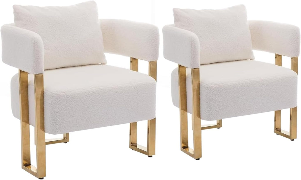 YISHENG Modern Barrel Accent Chairs Set of 2, Living Room Side Chairs with Golden Metal Legs Soft Upholstered Reading Armchairs no Wheels for Vanity/Reception Room//Bedroom/Lounge/Office, White Teddy